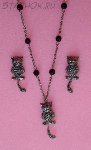 Колье и серьги-гвоздики "Котики с подвижными хвостиками"
