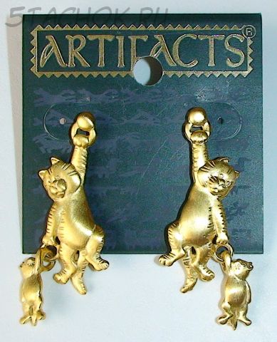 Серьги-гвоздики "Котик и котенок" под золото