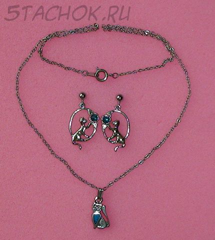 Набор Серьги-гвоздики и кулон "Кошечка с бирюзой" под серебро