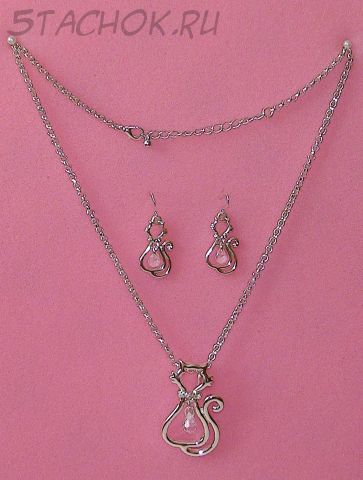 Набор Колье и Серьги "Кошечка с камушками" под серебро