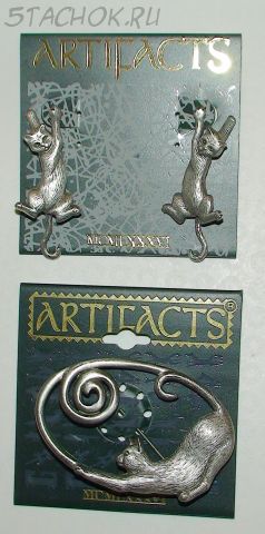 Набор Брошь и Серьги "Кошечка" под олово