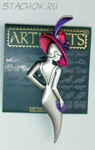 Брошь "Дама в шляпе с пером" под олово, ювелирная эмаль