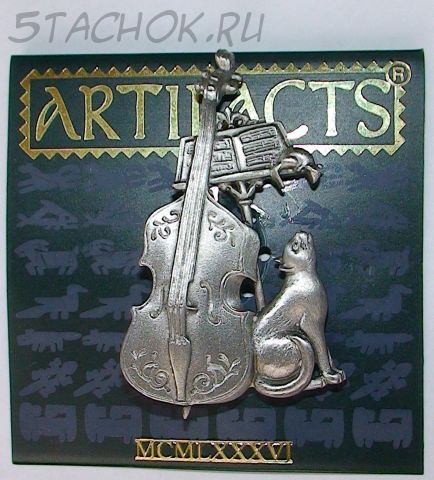 Брошь "Кошка, мышка и контрабас" под олово