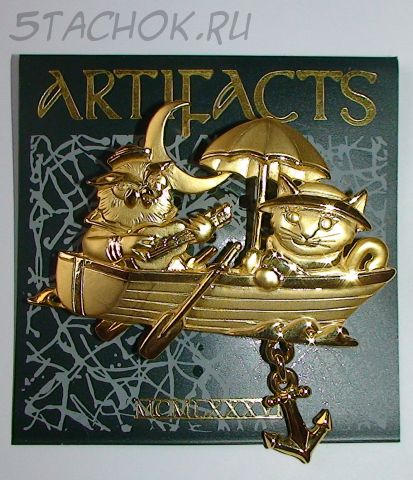 Брошь "Кошка и Филин с гитарой" под золото