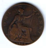 1 пенни 1908 г. Великобритания