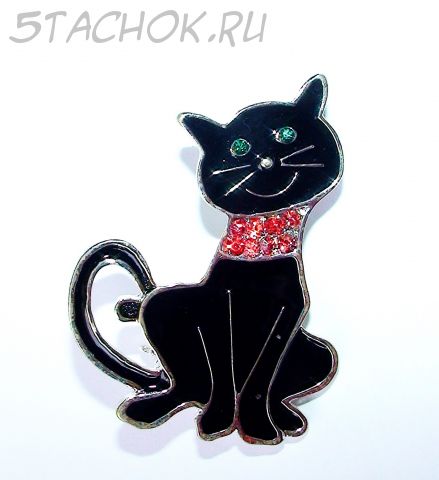 Брошь "Черный котэ" под серебро, эмаль, камушки