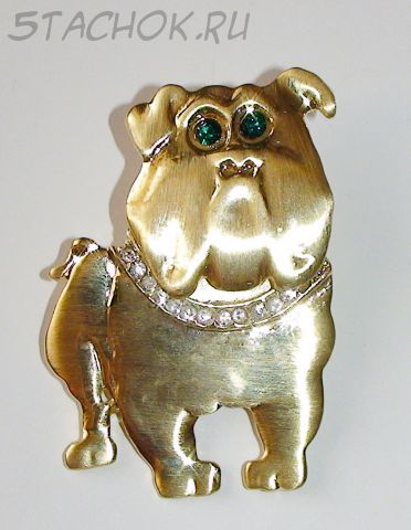 Брошь "Бульдожка с ошейником" под золото, камушки