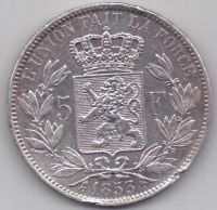 5 франков 1853 г. редкий год. Бельгия
