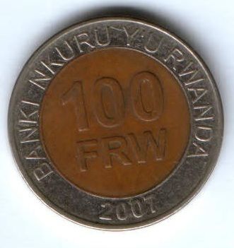100 франков 2007 г. Руанда