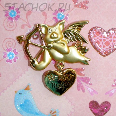 Брошь "Хрюшка-Купидон" под золото