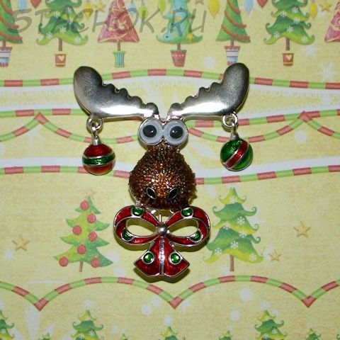 Брошь "Новогодний лосик" под серебро/эмаль/блестки