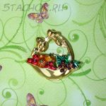 Брошь "Корзина с фруктами" под золото, эмаль, стразы