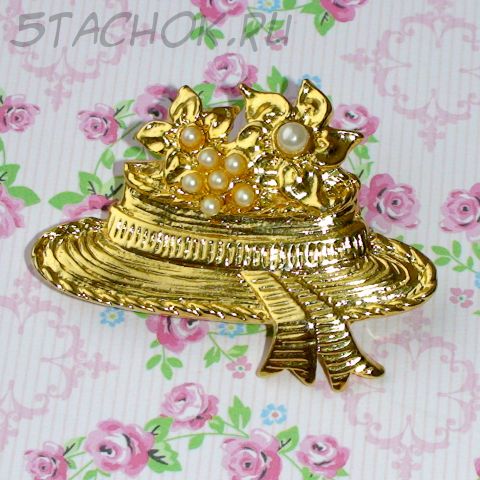 Брошь "Соломенная шляпка" под золото, камушки