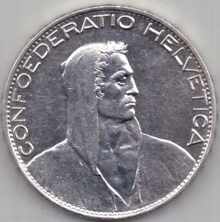 5 франков 1926 года AUNC Швейцария