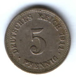 5 пфеннигов 1911 г. D Германия