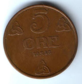 5 эре 1936 г. редкий год Норвегия