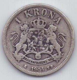 1 крона 1904 г. редкий год. Швеция (Норвегия)