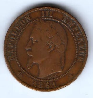 10 сантимов 1861 г. А Франция VF+ редкий год