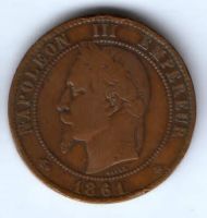 10 сантимов 1861 г. А Франция XF10 сантимов 1861 г. А Франция VF+ редкий год
