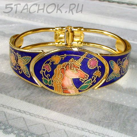 Браслет "Единорог на синем" под золото/клуазоне