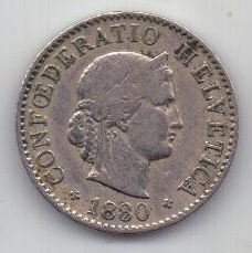 5 раппенов 1880 г. редкий год. Швейцария