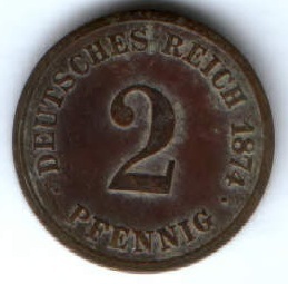 2 пфеннига 1874 г. F Германия