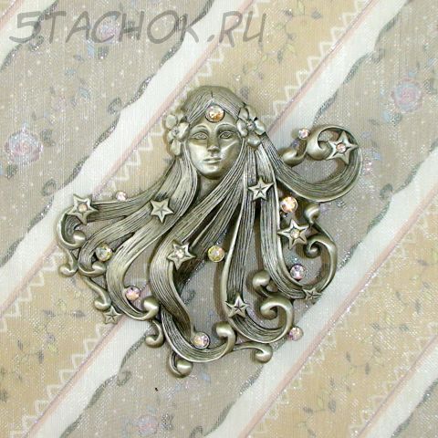 Брошь "Дама в стиле модерн" под олово, сваровски (JJ США)