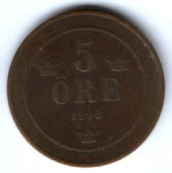 5 эре 1890 г. редкий год Швеция