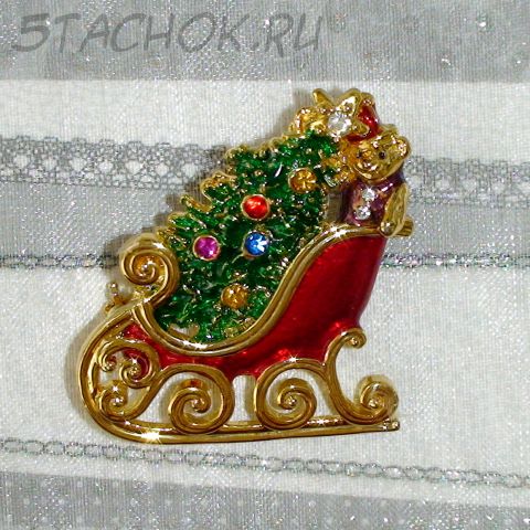 Брошь Новогодние саночки под золото, стразы, эмаль