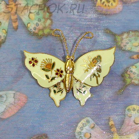 Брошь "Бабочка кремовая" под золото/клуазоне