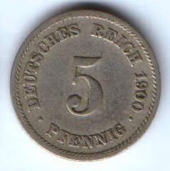 5 пфеннигов 1900 г. F Германия
