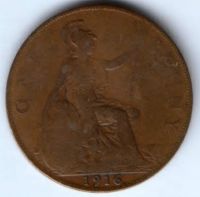 1 пенни 1916 г. Великобритания