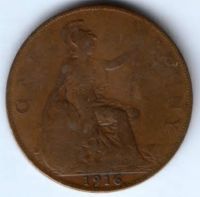 1 пенни 1916 г. Великобритания