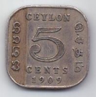 5 центов 1909 г. Цейлон . Великобритания