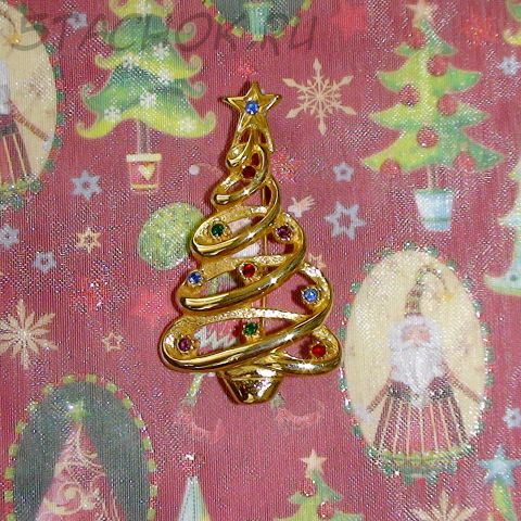 Брошь "Новогодняя елочка" под золото/стразы