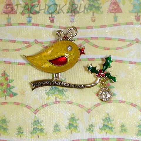 Брошь "Рождественская птичка" под золото/эмаль/стразы
