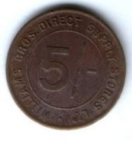 Жетон платежный 5 шиллингов 1930 г. Великобритания. "WILLIAMS BROS. DIRECT SUPPLY STORES Ltd. / 5/-".