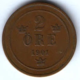 2 эре 1901 г. Швеция