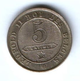 5 сантимов 1894 г. AUNC Бельгия