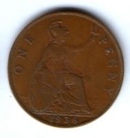 1 пенни 1936 г. Великобритания