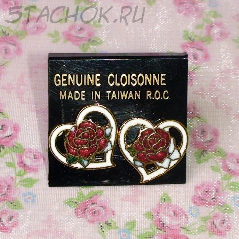 Серьги-гвоздики "Розочки-сердечки" под золото/клуазоне