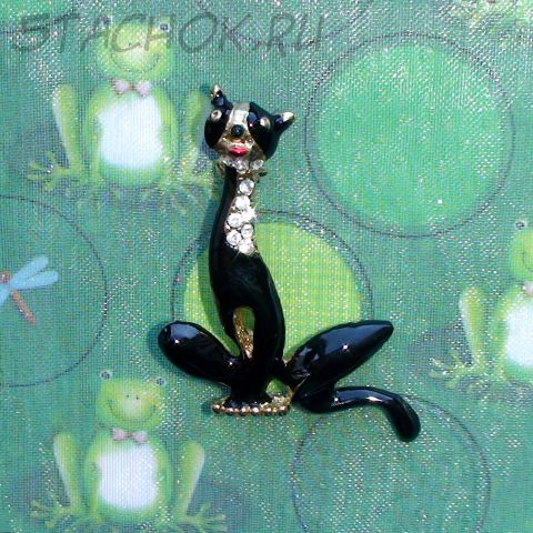 Брошь "Черный кот-обормот" под золото/эмаль/стразы