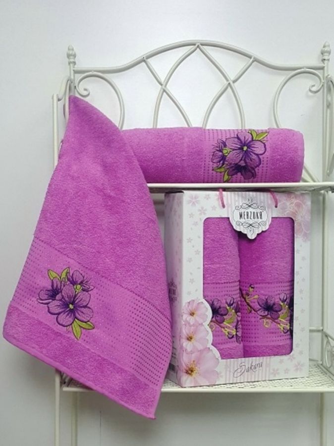 8430 Светло Лиловый SAKURA  махра (50х90+70х140 ) в коробке Набор полотенец MERZUKA