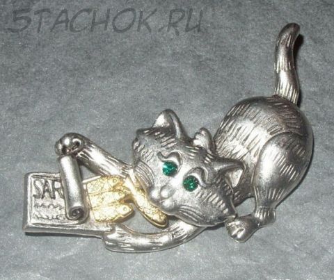 Брошь "Котик и сардины" под серебро