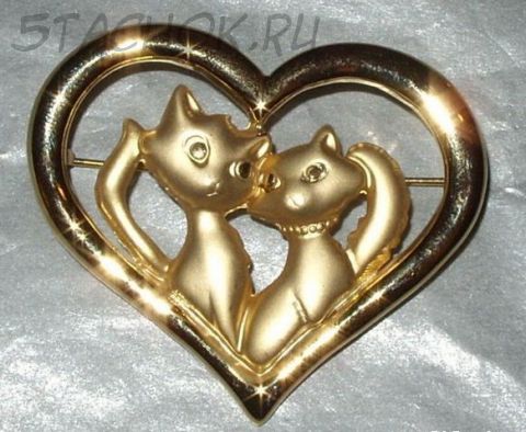 Брошь "Влюбленные котики" под золото