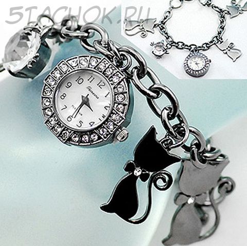 Часы женские "Котята с камушками" под платину (на браслете)
