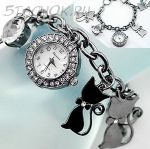 Часы женские "Котята с камушками" под платину (на браслете)