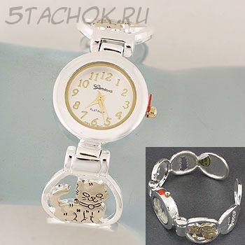 Часы женские "Котики и рыбки" с золотым котиком (на жестком браслете)
