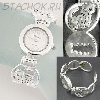 Часы женские "Котики и рыбки" с серебряным котиком (на жестком браслете)