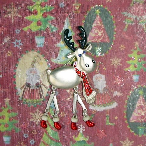 Брошь "Рождественский лосик" под серебро, эмаль, стразы